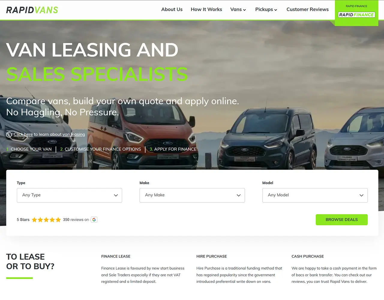 Rapid Vans website landing page from Meta Ads campaign case study